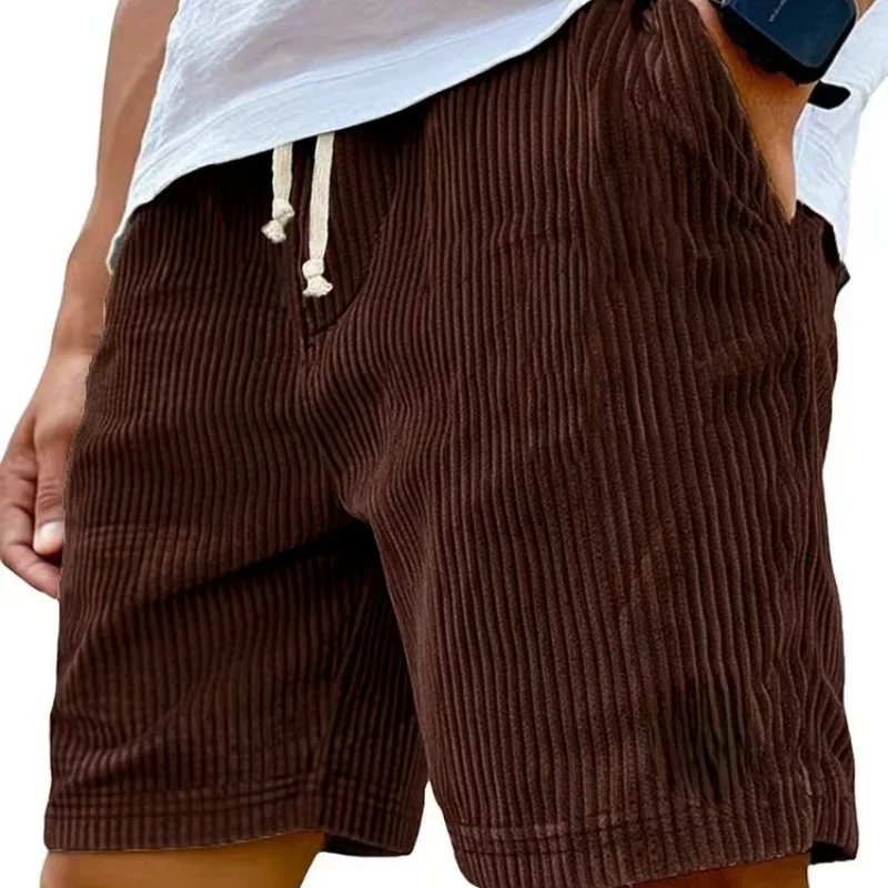2025 New Summer New Solid Color Lace-up Sweatpants Corduroy Simple Quarter Shorts Men's Shorts Casual Pants