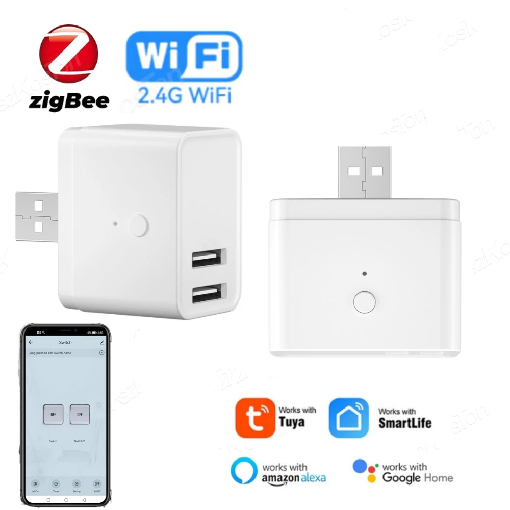 

Tuya Smart Zigbee WiFi 2 Gang Micro Adaptor Mini USB Power Adaptor Charge Plug Timing Voice Smart Life Control Via Alexa Google