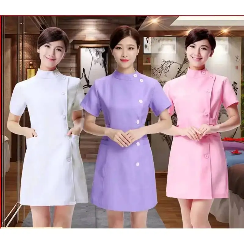 

New Long Female Beauty Doctor Middle Sleeve Nurse Uniform Pink White Lab Coat