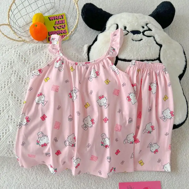 Kawaii  Pajamas Sweet Women Cute Printing Tops Shorts Two-Piece Summer Sling Tops Girls Sleepwear Casual Home Cloth