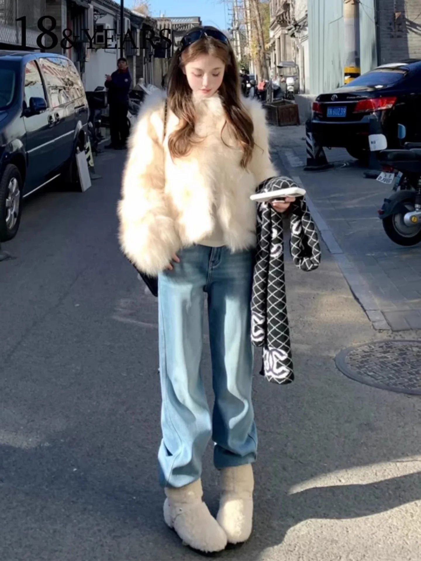 

Light Wash Fleece Lined Thick Wide Leg Jeans Women's High Waist Slimming Small Size Straight Cut Trousers Autumn Winter New S...