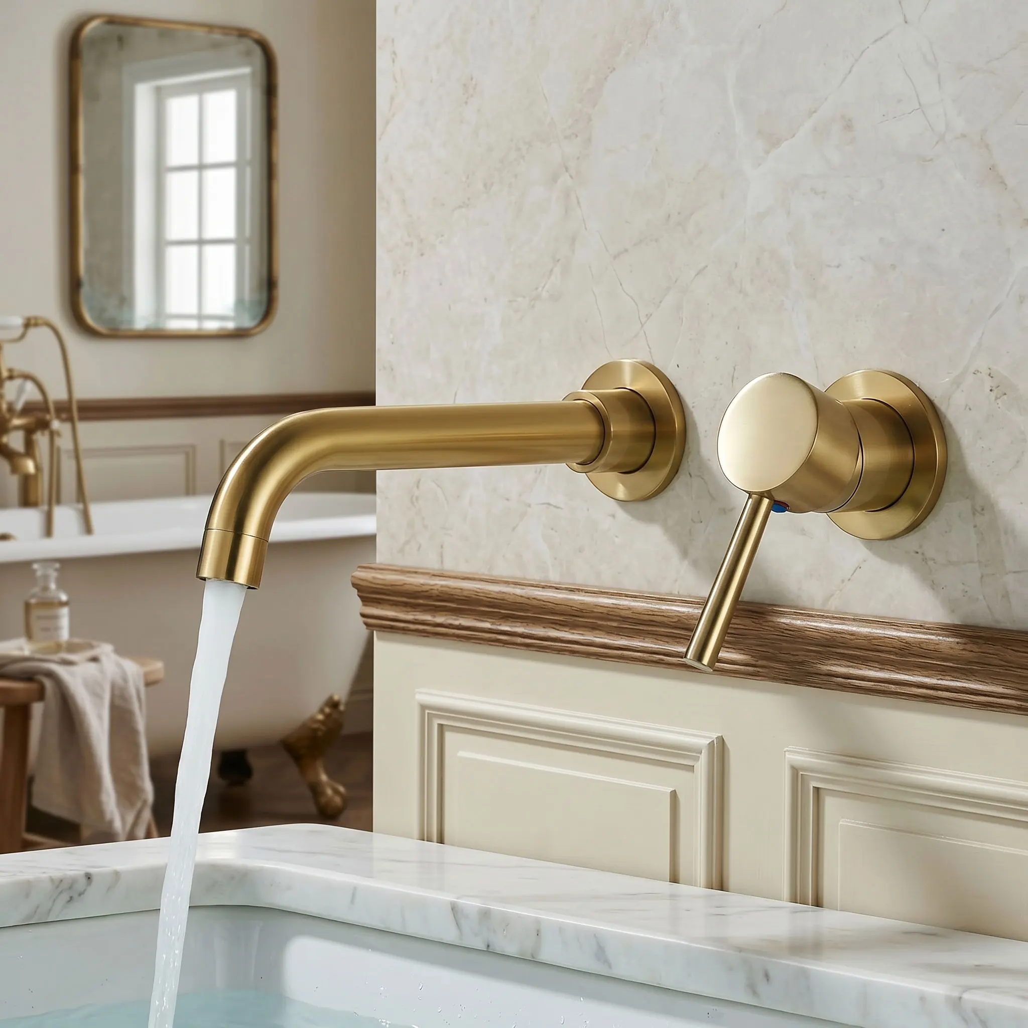 Quyanre - Grifo de lavabo de oro pulido, grifo de pared oculto, rotación de 360°, manija única, grifo mezclador para baño