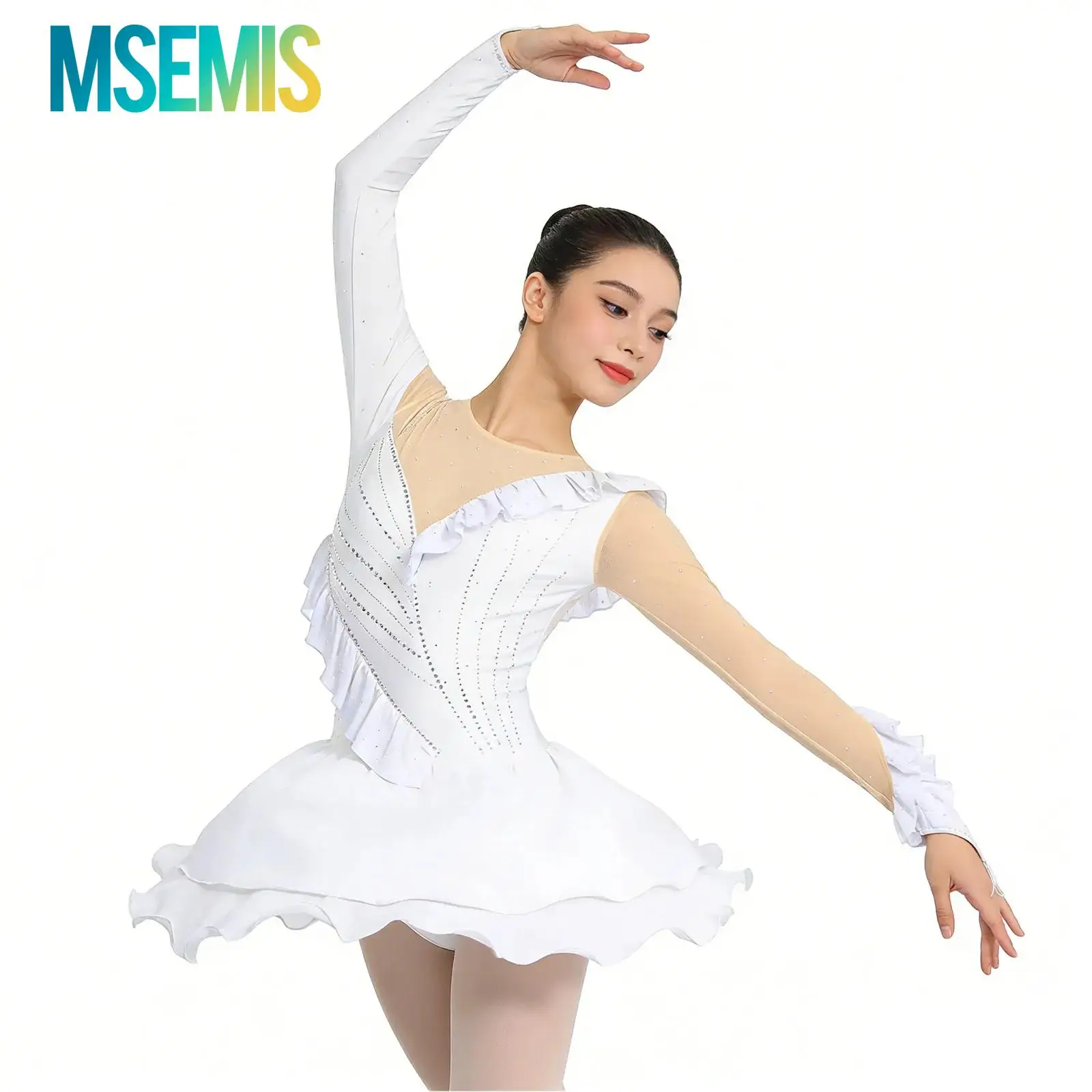 

Womens Gymnastics Figure Skating Latin Ballet Dance Leotard Dress Ruffled Trim Rhinestones Tiered Hem Buttoned Bodysuit Dress