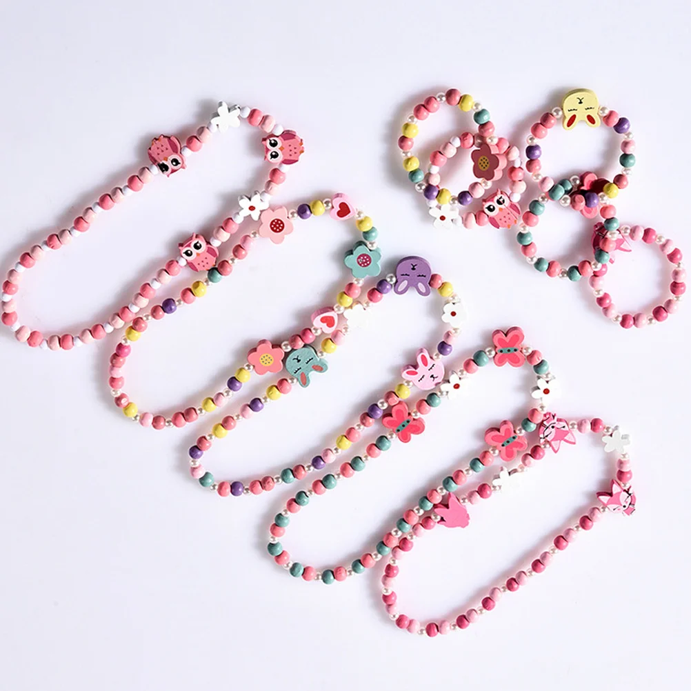 Wooden Bracelet Necklace Set for Kids Creative Tassel Design Colorful Animal Shape Jewelry Gift for Children Birthday