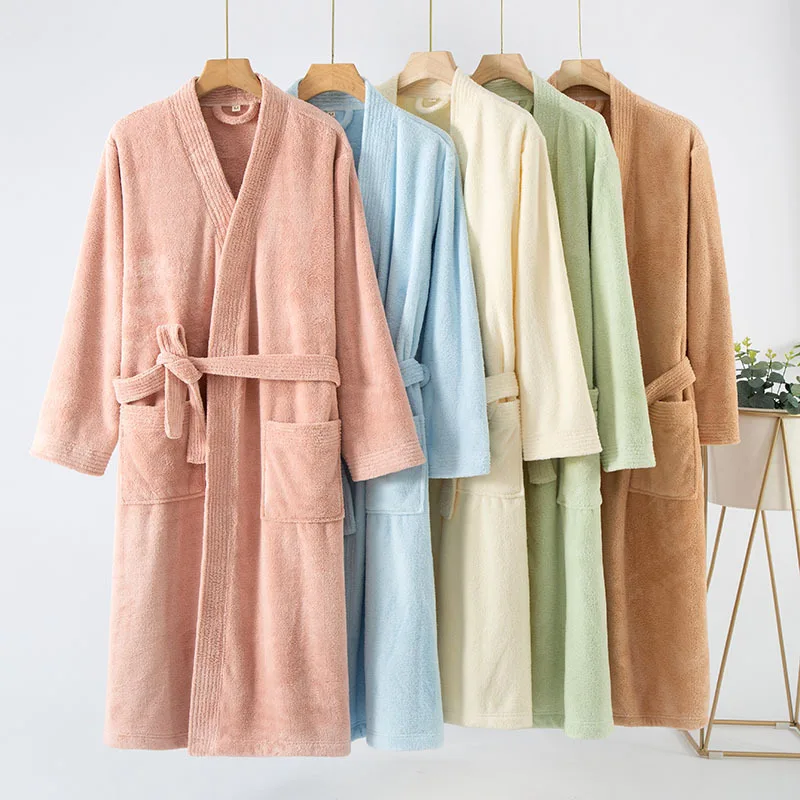 Couple Solid Color Bathrobe Winter Plush Warm Robe Women's Dressing Gown Knee Length Breathable Nightgown Home Clothe