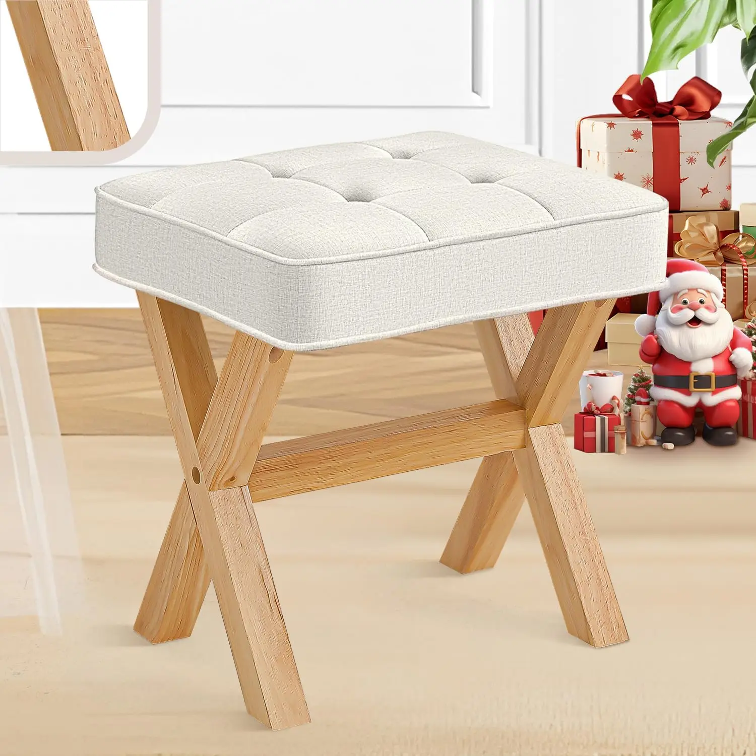 

Ottoman Foot Stool, Upholstered Cushion Vanity Stool With Wood X-Leg,Small Make Up Stool For Vanity,18 H Fabric Foot Stool, Rec