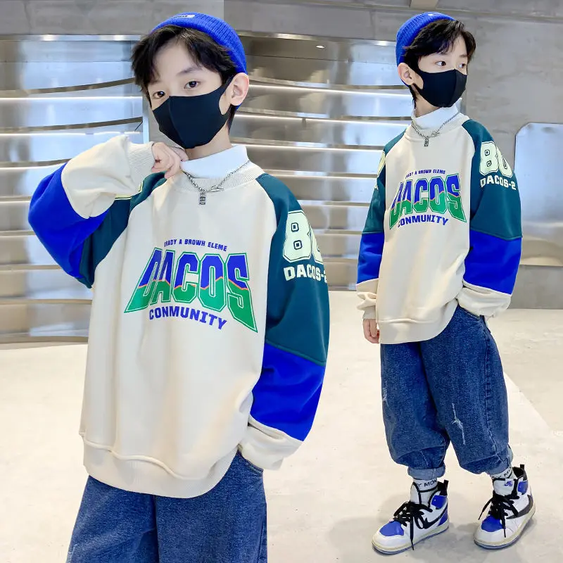 Spring Autumn Casual Boys Cotton Loose Contrast Alphabet Sweatshirt School Kids Track Pullover Tops Child Workout Jumper 5-16Yrs