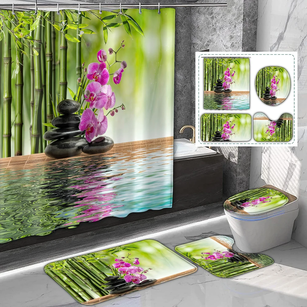 4-piece set of SPA pebble bamboo pattern waterproof shower curtain with 12 hooks,printed curtain, bathroom floor mat