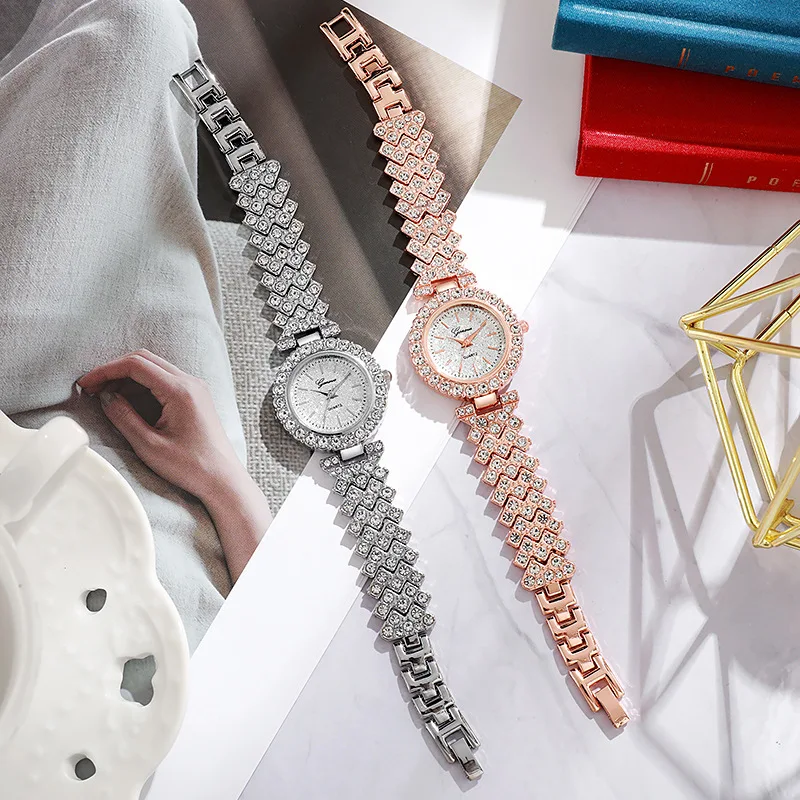 ساعة كوارتز نسائية ماسية بالكامل ، سوار سوار تناظري ، أزياء السيدات