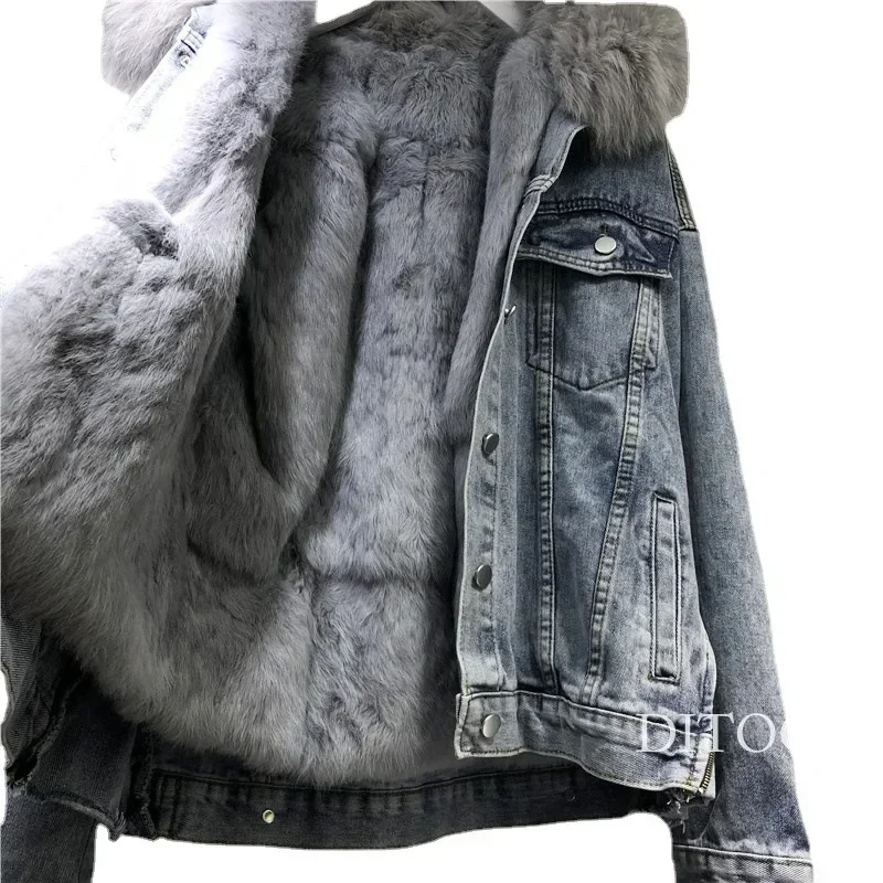 Cappotto in denim da donna in pelliccia sintetica, colletto staccabile, finta pelliccia di coniglio, giacca imbottita, giacca monopetto, invernale