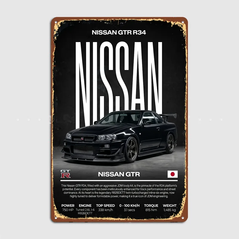 sleek Nissan GTR R34 black car Metal Custom Sign Living Room Wall Indoor Decor Room Decoration Bedroom Posters Home Decor