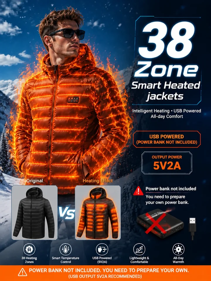 Men's Intelligent Heating Jacket 39 Heating Zones Four Temperature Control Settings Outdoor Cold Resistance Winter Hat Included (Battery Not Included), image 3