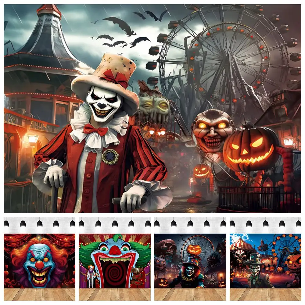 

Horror Clown Halloween Backdrop Scary Circus Ferris Wheel Halloween Party Room Wall Decor Photography Background Photo Studio