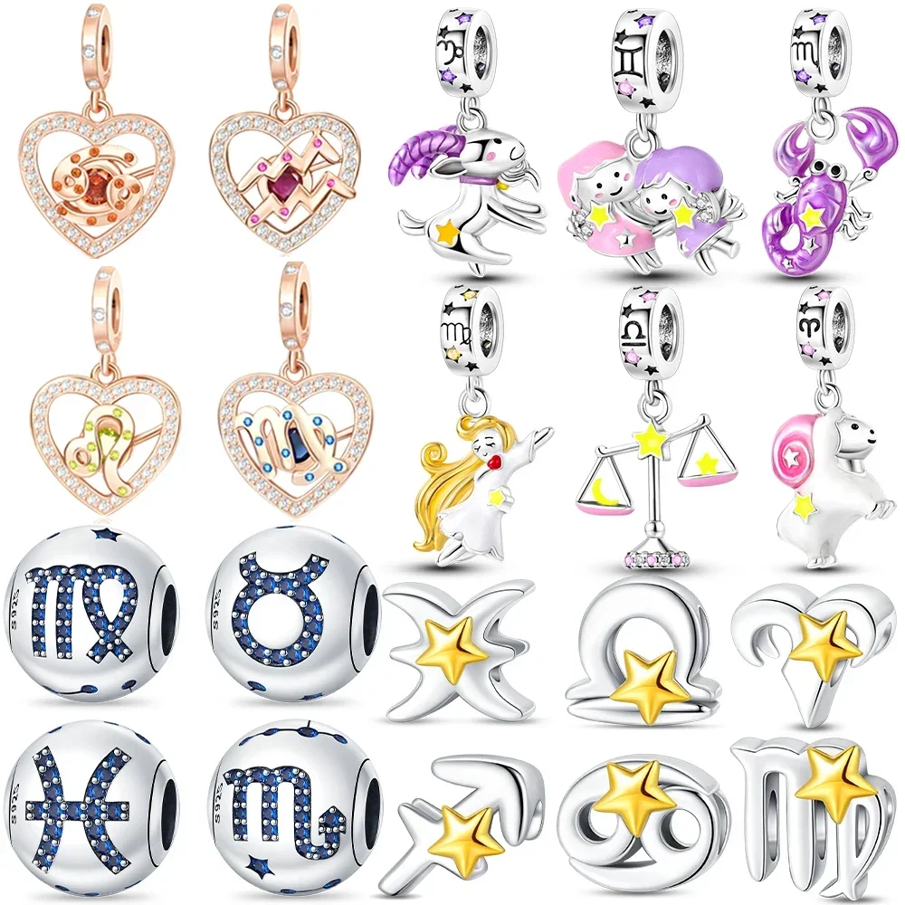 

Cartoon Taurus Gemini Star Heart Twelve Zodiac Sign Set Original S925 Silver Charms Beads Fit Bracelet DIY Birthday Women Gift