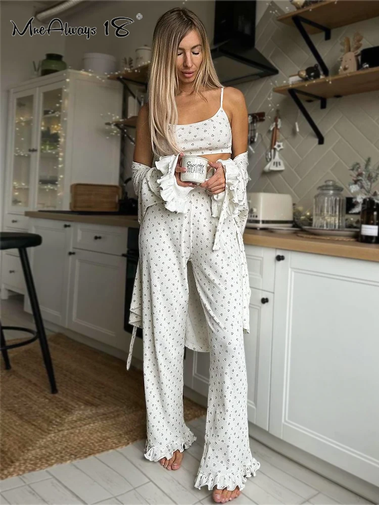 Mnealways18 Casual Women Heart Pants 3 Pieces Suits Lace-Up Lace Shirts With Bra Wide Legs Pants Sleepwear 2024 Pants Sets Lady