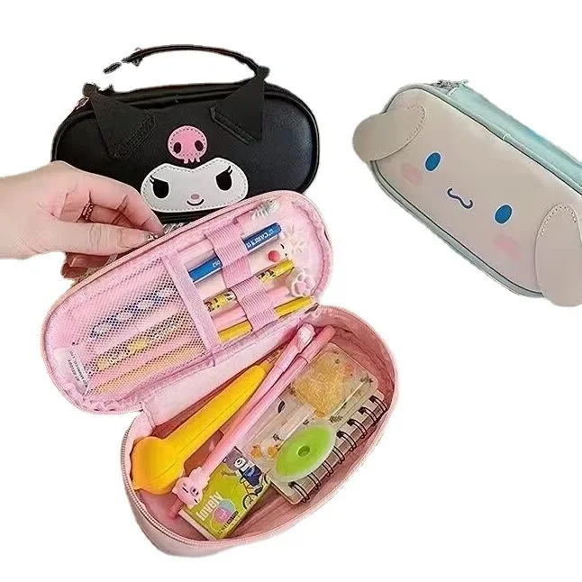 Borsa per penna per studenti Sanrio ragazza Kuromi Melody cannella orecchie Stereo PU divisorio portatile di grande capacità astuccio per matite