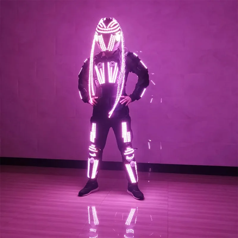 2025 كرنفال RGB التحكم عن بعد LED روبوت مضيئة درع وامض زي مع خوذة ملونة مرحلة الأداء الملابس