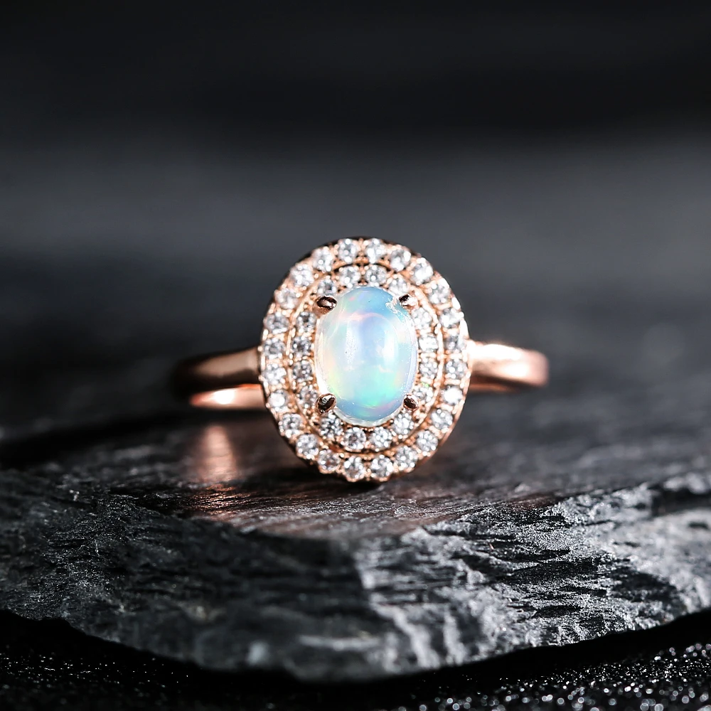 100% Natural Opal Gems Ring 925 Sterling Silver Rose Gold Wedding Bands 2-Layers Zircon inlaid Adjustable Women's Jewelry Gifts