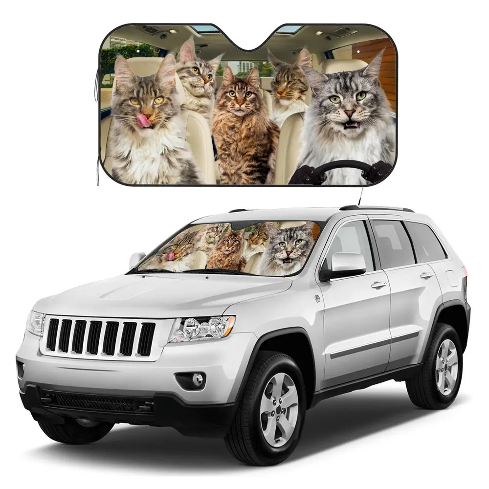 Maine Coon Cat Driving Car Interior Front Windshield Sun Shade,Auto Accessories Sunshade for Truck SUV- Blocks Uv Rays Protector