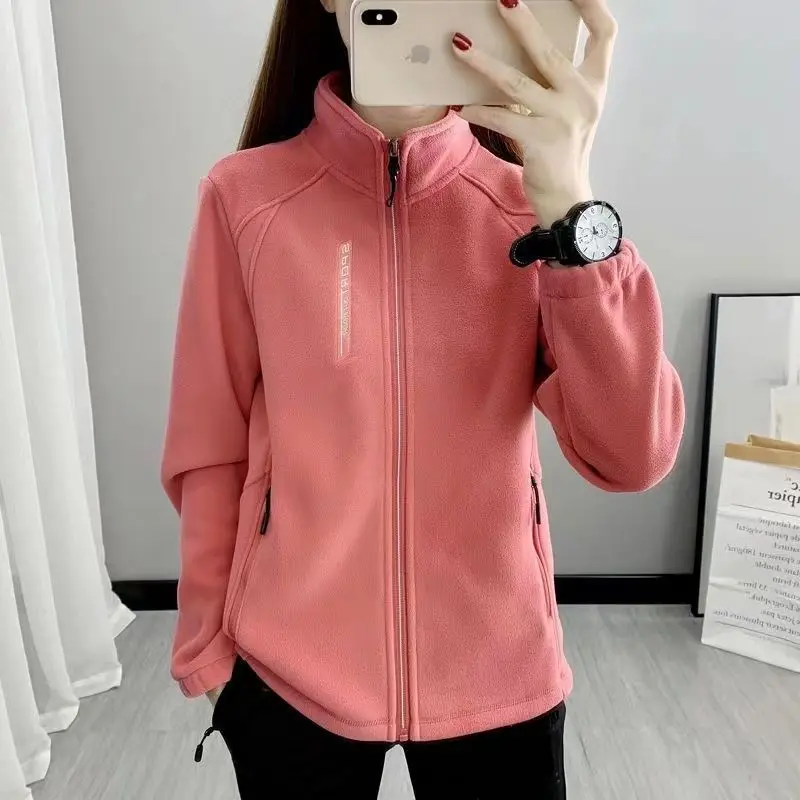 Autumn Winter Plus Fleece Coat Women Fashion Casual Stand Collar Thicken Solid Cardigans Sport Outdoor Thermal Affordable Jacket