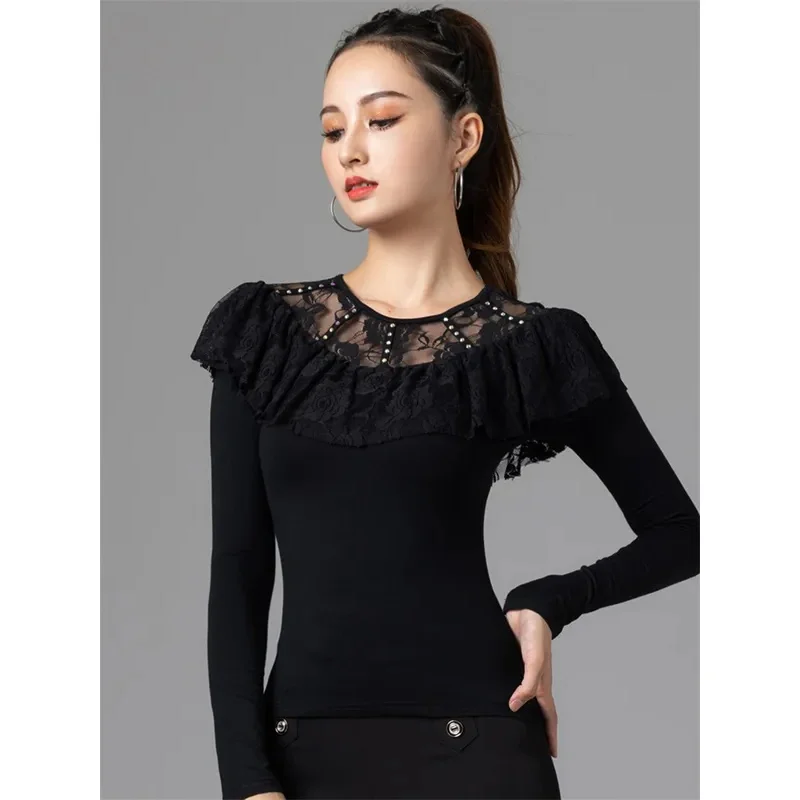 Round Neck Latin Dance Costume Evening T-shirt Jazz Solid Color Wear Pole Tango Clothes Women Mesh Patchwork Dancewear Line T*.1