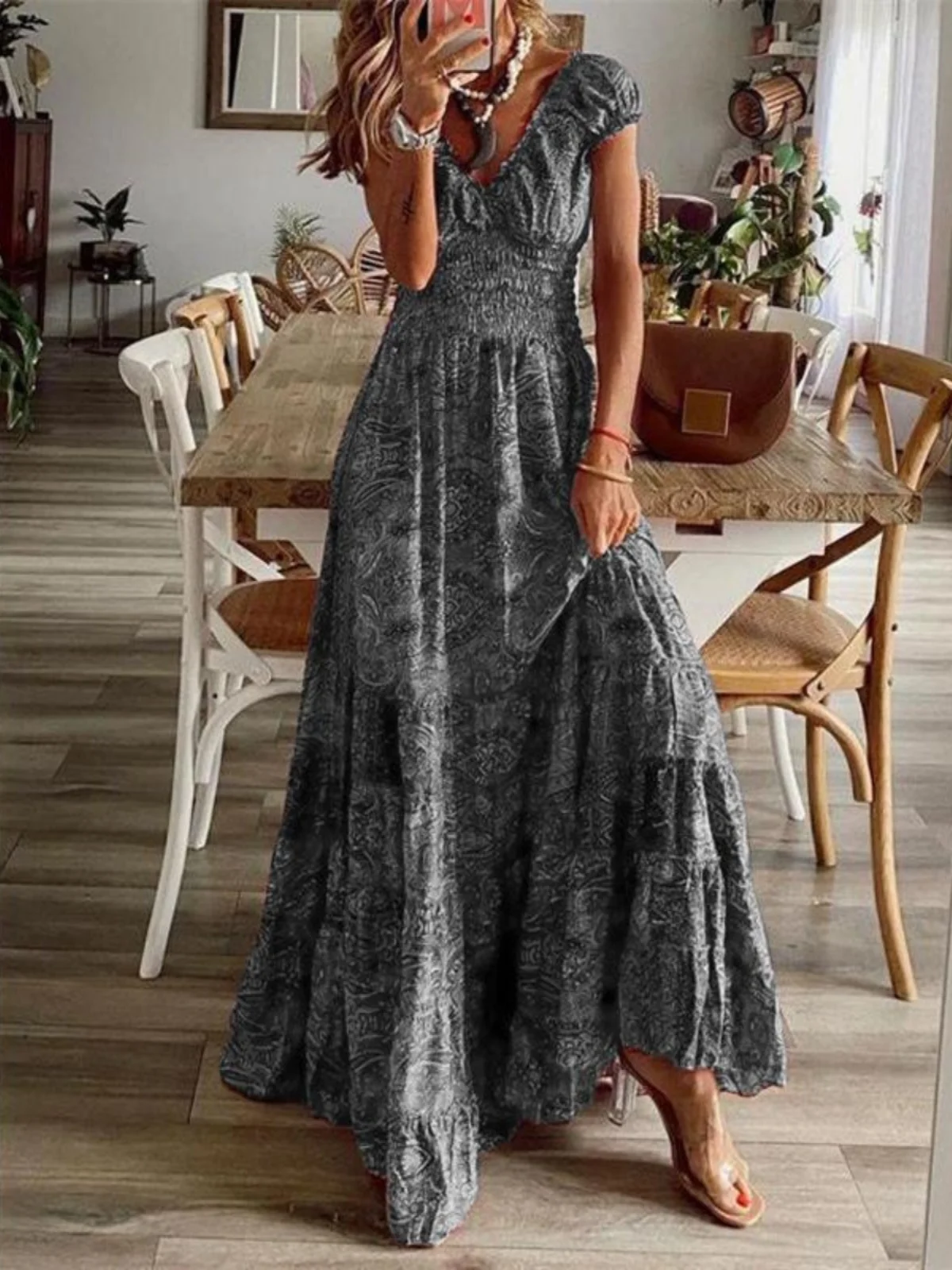 Boho Oversized Swing Dr High Waist Floral Print Street Sle Long Skirt V-Ne Regular Sve Polyester Fiber Summer Dr