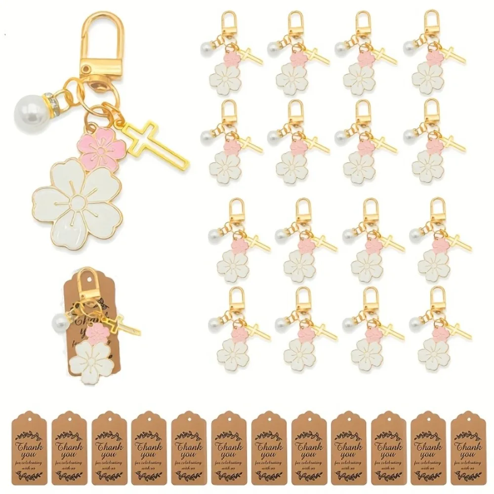 8/20 sets de llaveros con cruz floral, llaveros dorados con cruz floral y perla y etiquetas de agradecimiento para bautizo