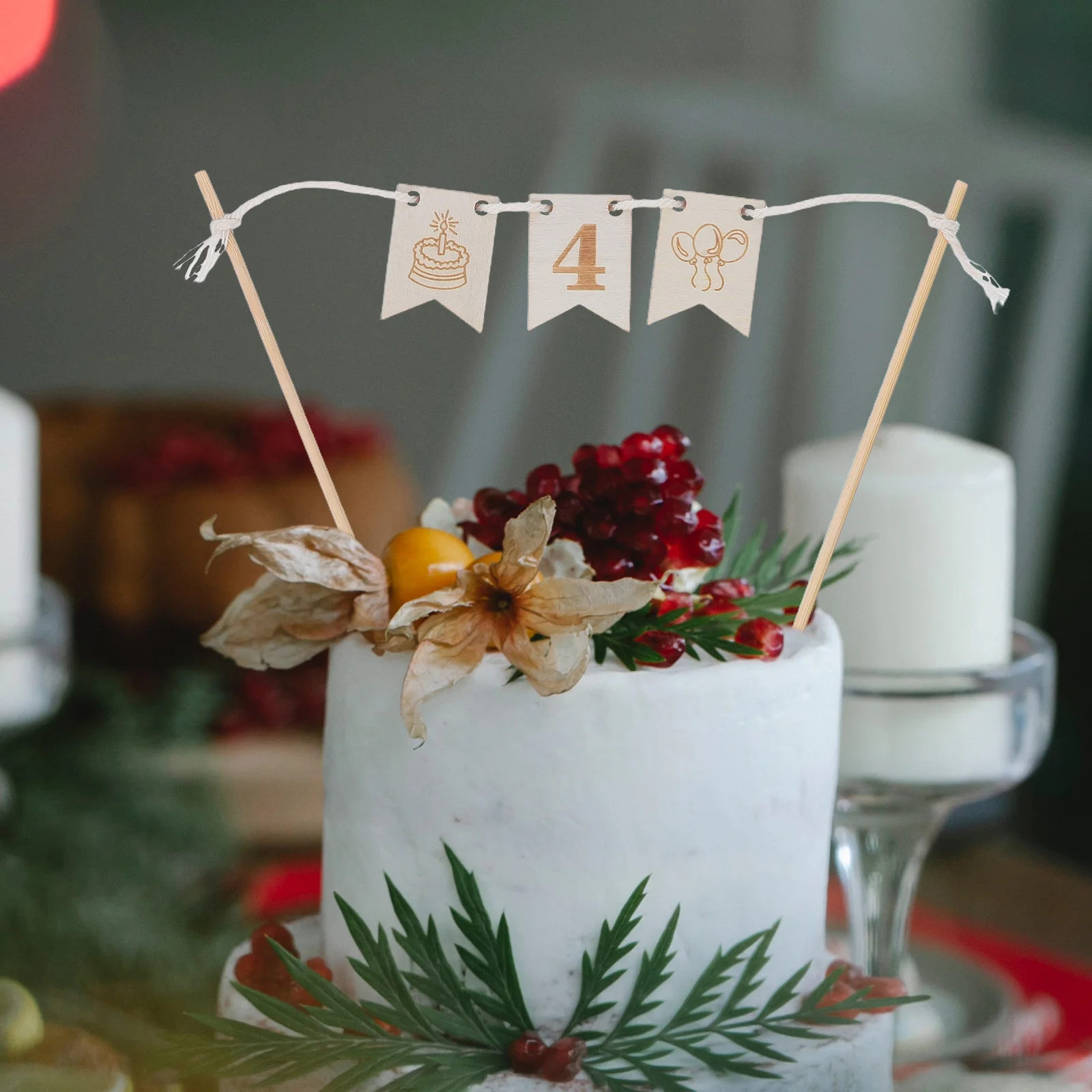 

1Set Birthday Cake Decoration Wood 4 Cake Topper Banner Balloon Pattern 4Th Birthday Party Supplies Reusable Eco-Friendly