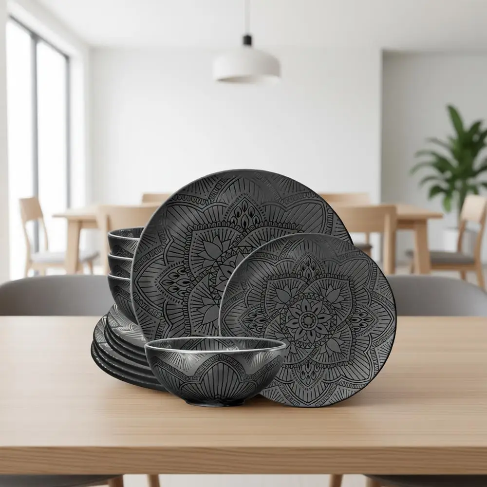 Juego de Vajilla de Melamina Negra de 12 Piezas - Platos y Tazones Duraderos, Aptos para Lavavajillas - Ideal para Fiestas, Campamentos