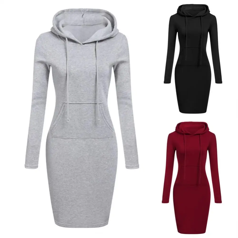 Women‘s Knee-Length Pockets Dress Hooded Warm Sweat Shirt Long Sleeve Side Zip Neckline Simple Casual Sports Skirt