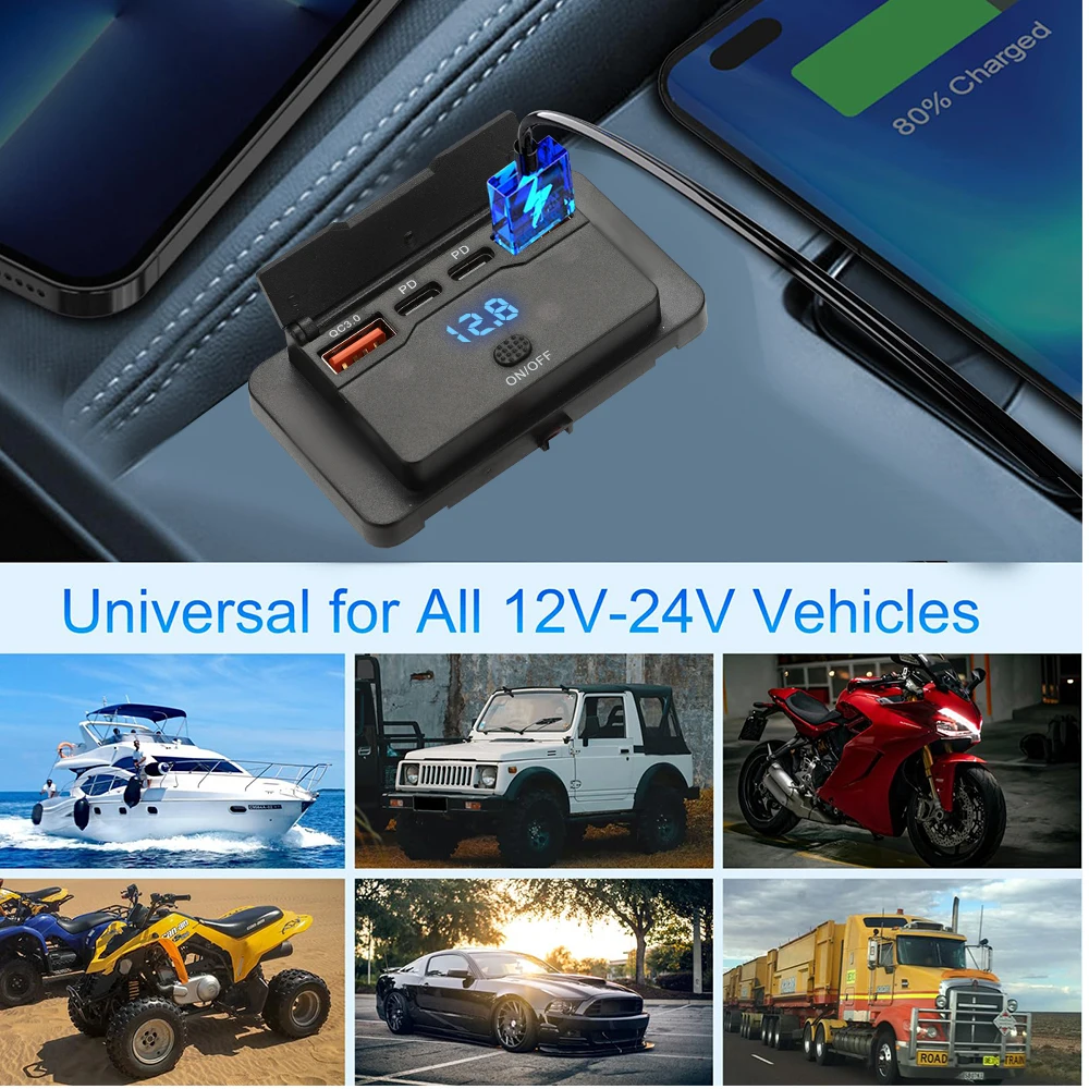 KEBIDUMEI QC3.0 Fast Charging Outlet Panel 4-Port Car Charger Socket Panel with Voltage Display Car Accessories For Bus RV Truck