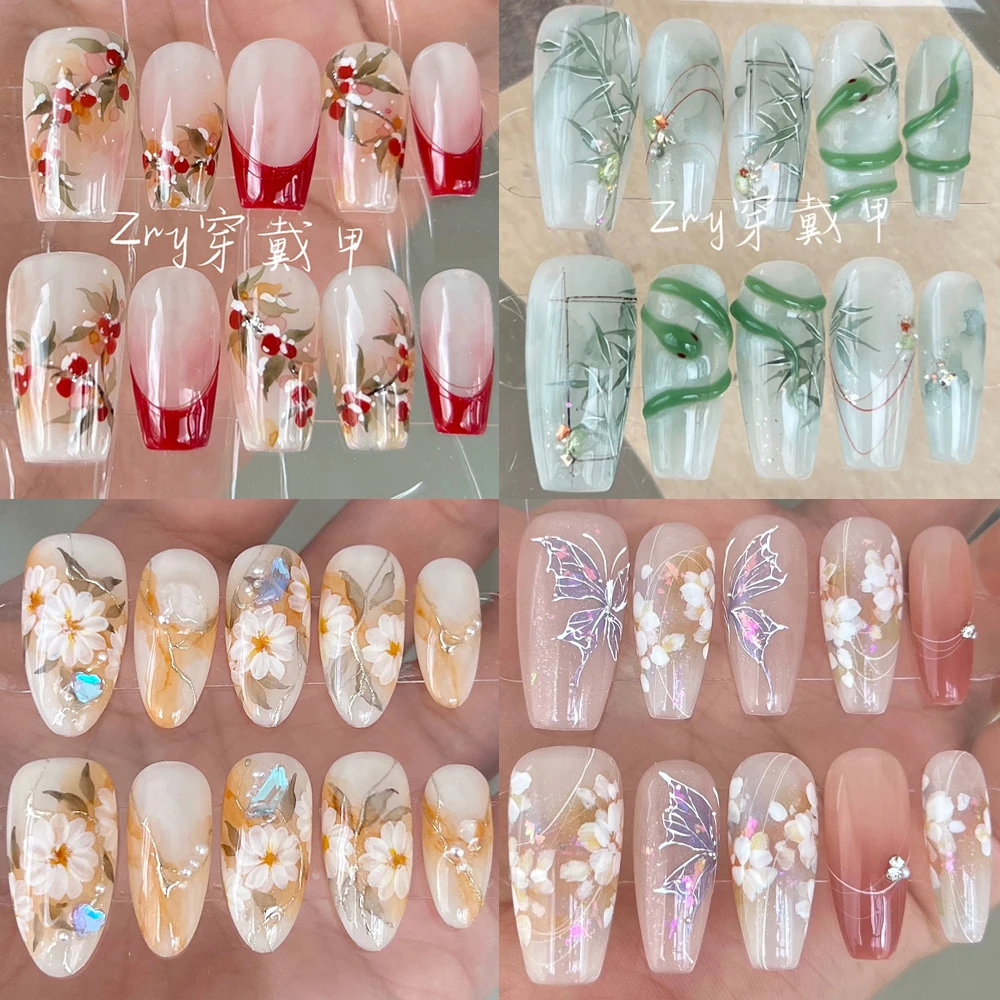 

High-Quality Elegance Handmade Long Coffin Ellipse Press On Nails Classical Bamboo Snake Hand Drawn Flowers Pearl Fake Nails