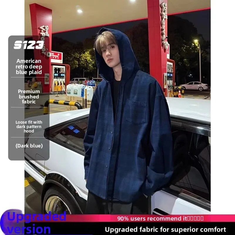 

Men's Autumn Winter Large Size Plaid Long Sve Sun Protection irt Thin American Sle Hooded Coat Cleanfit Casual Outerwear
