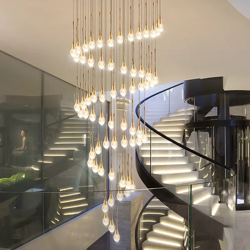 

Modern Luxury Crystal Led Chandeliers Duplex Restaurant Villa Rotating Staircase Long Hanging Lamps Home Decor Lighting Fixtures