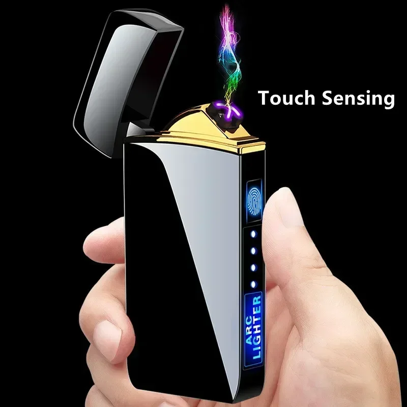 Hot Electric Metal Lighter Double Arc Flameless Plasma Windproof Lighter USB Rechargeable LED Power Display Touch Sensor