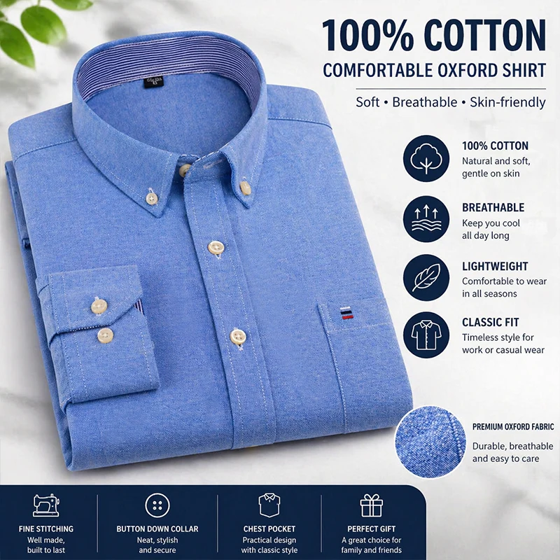 Men's 100% Cotton Oxford Long Sleeved Plaid Striped Casual Shirts Regular Fit Formal Business Fashion Design Solid Color Blouses