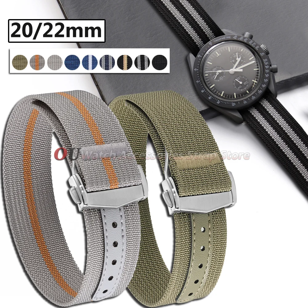 20mm 22mm Ribbed Nylon Watch Band Canvas Strap for Omega for Swatch Men Sport Waterproof Soft Folding Buckle for Seiko Bracelets