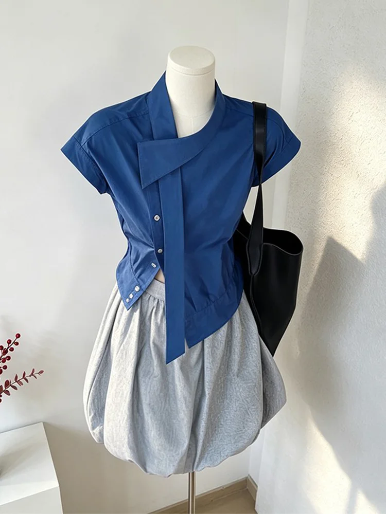 

Klein Blue Asymmetrical Short Shirt Design Summer New High Waist Flower Bud Half Skirt Two-Piece Set Women's Fashion Ensemble