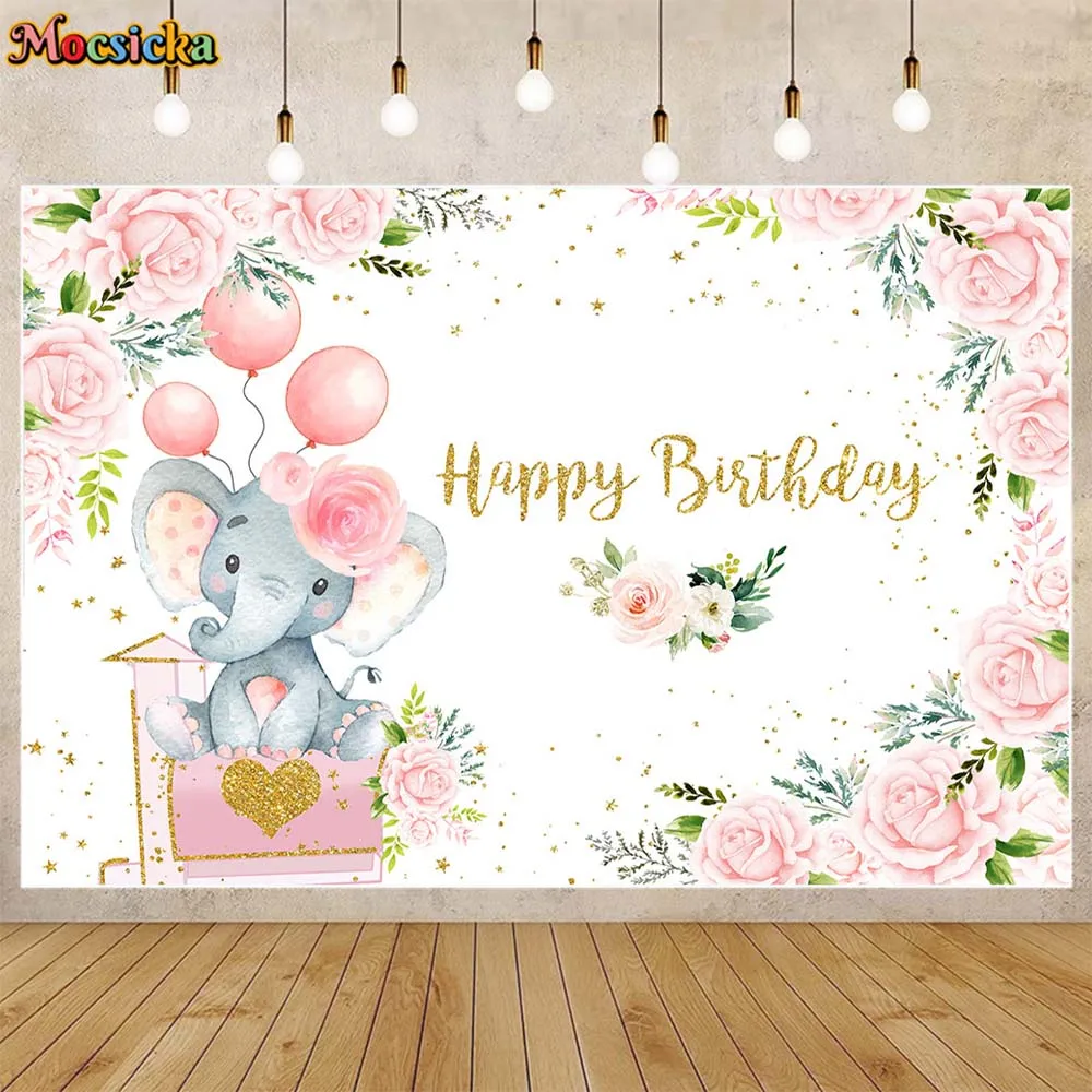 

Mocsicka Pink Elephant Happy Birthday Background for Photography Flower Gold Glitters Customize Poster Photocall Backdrop Banner