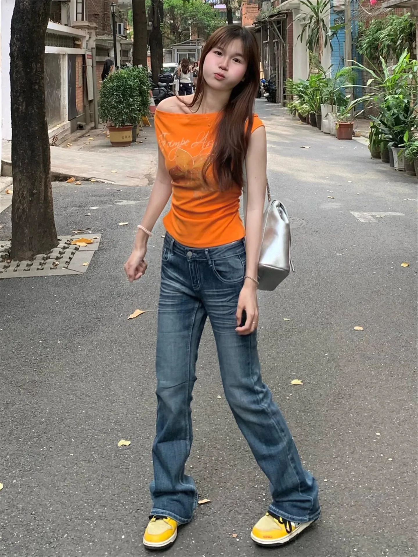 

Retro American Street Blue Low Waist Flared Jeans Women Summer Slimming Washed Floor-Length Pants Casual Cotton Denim