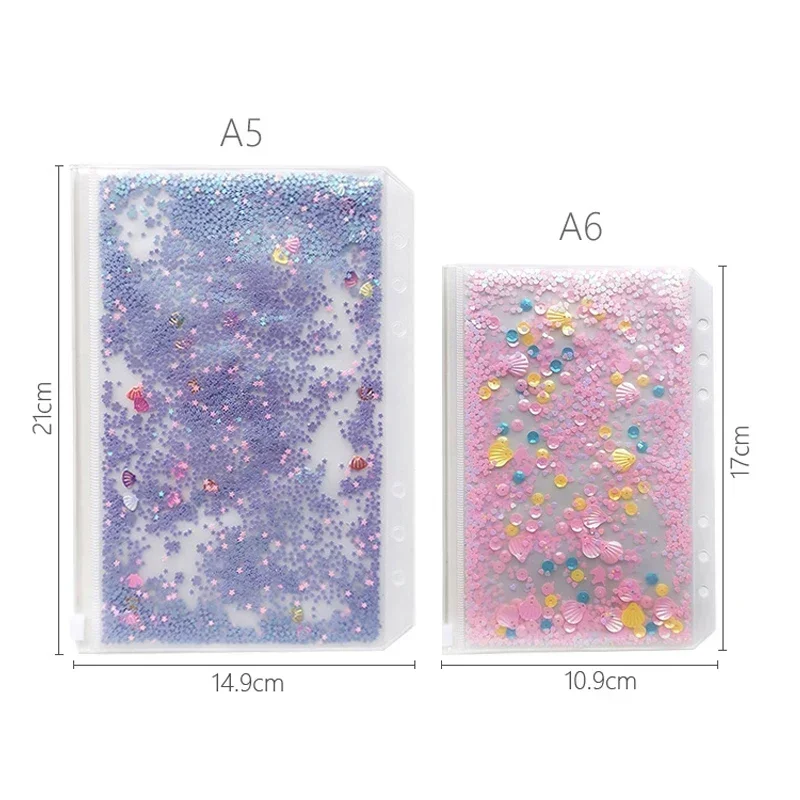 Fromthenon Cute Sequin Shake Cards 6 Holes Decoration Inner Bags Planner Notebooks Accessories Fine Zipper Item Organizer Pocket