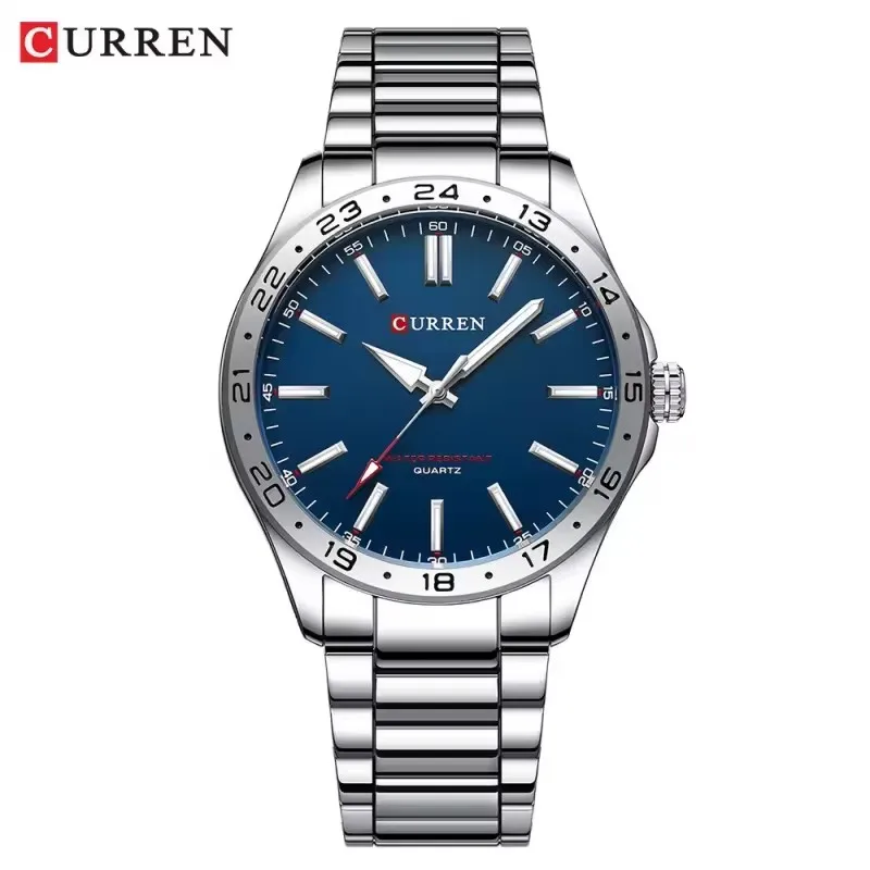 

CURREN 8452, роскошные серебряные простые деловые мужские часы, кварцевые часы с имитацией браслета из нержавеющей стали, ночник, часы reloj hombre