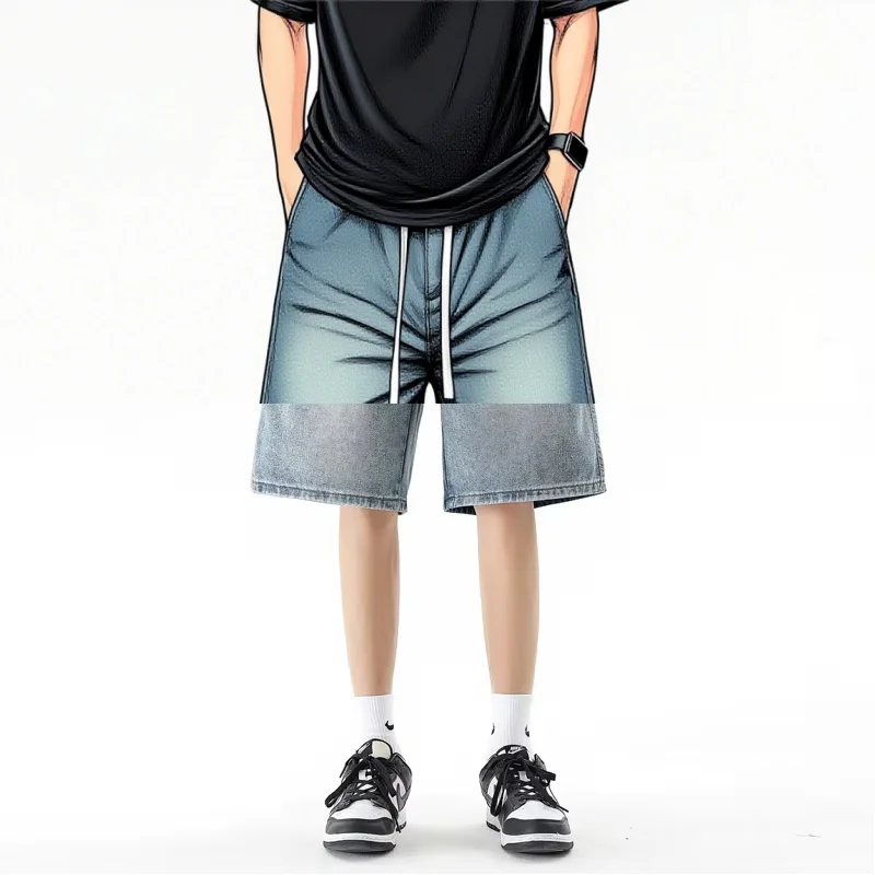 

Summer Thin Retro Versatile Casual Denim Shorts for Men Soft Comfortable Stretchy Loose Drawstring Denim five pants Shorts Male