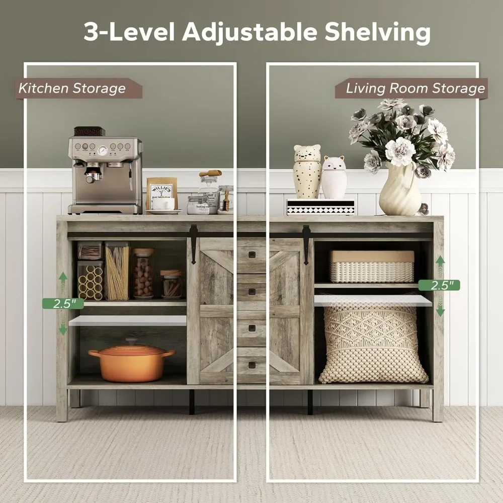 

59 Inch Farmhouse Sideboard Buffet Cabinet with Thick Top, Coffee Bar Cabinet with 2 Sliding Barn Doors, 4 Drawers