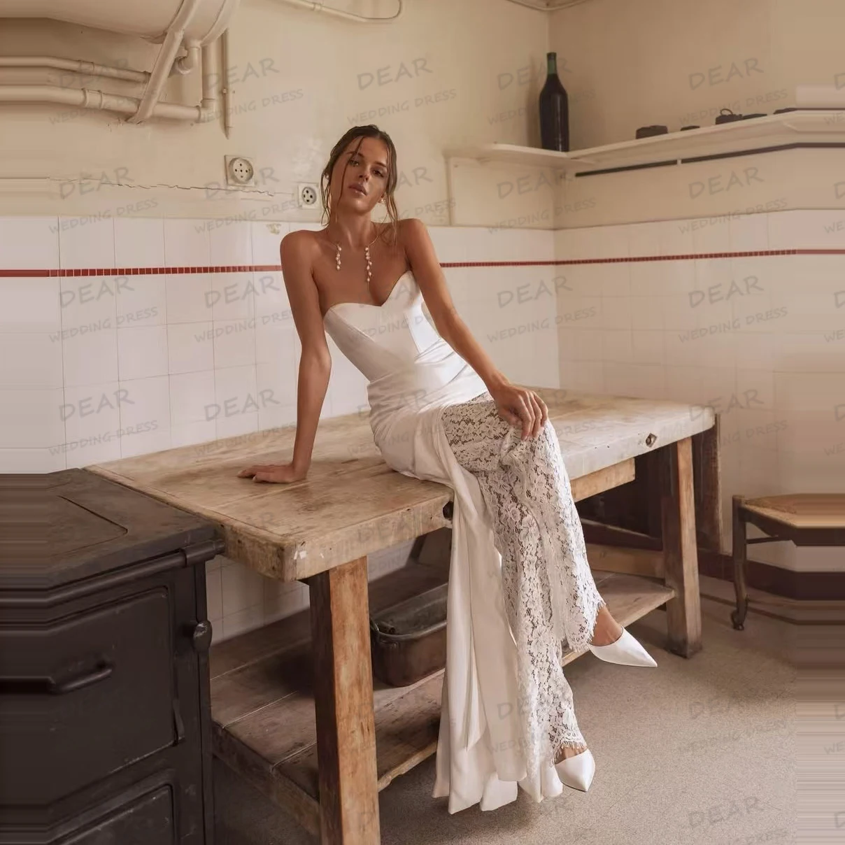 간단한 웨딩 드레스 여성 인어 섹시한 아플리케 하이 사이드 분할 민소매 신부 가운 새틴 베스 티드 드 노비 맞춤형