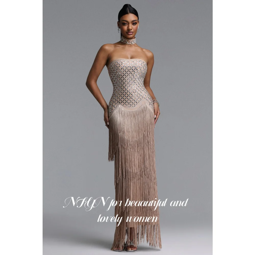 NFYN Nude Beige Prom Dress Silver Rhinestone Beaded Evening Dress With Multi-Layer Tassel Elegant Cocktail Party Gown Customized