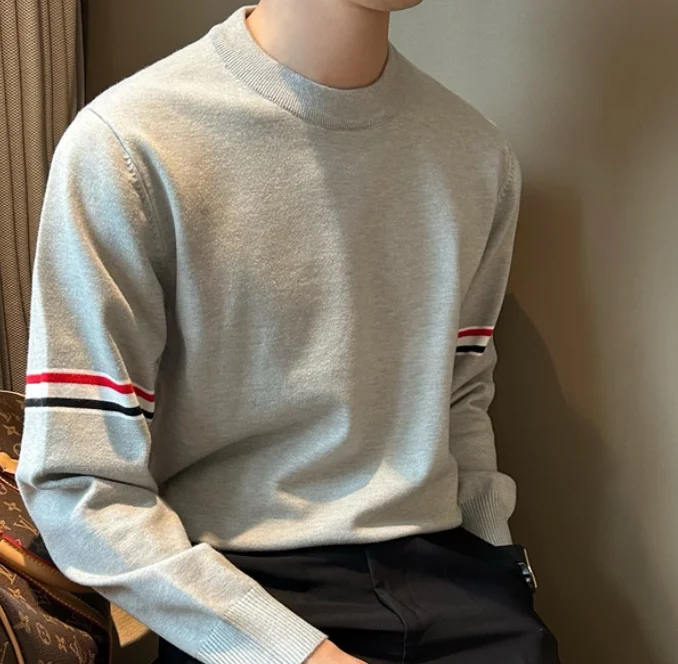 Loose sleeve ribbon cashmere sweater men's casual college style slim contrast round neck sweater