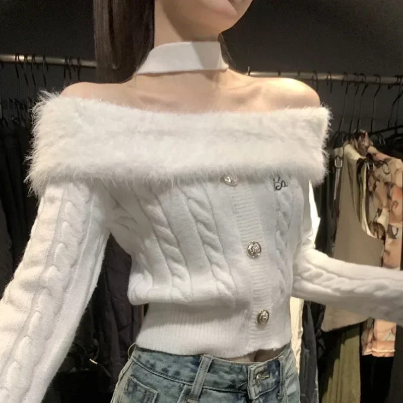 

Autumn Winter Y2k Aesthetic Fluffy Sweater Slash Neck Off Shoulder Elegant Halter Crop Top Vintage Casual Fashion Pullover Women