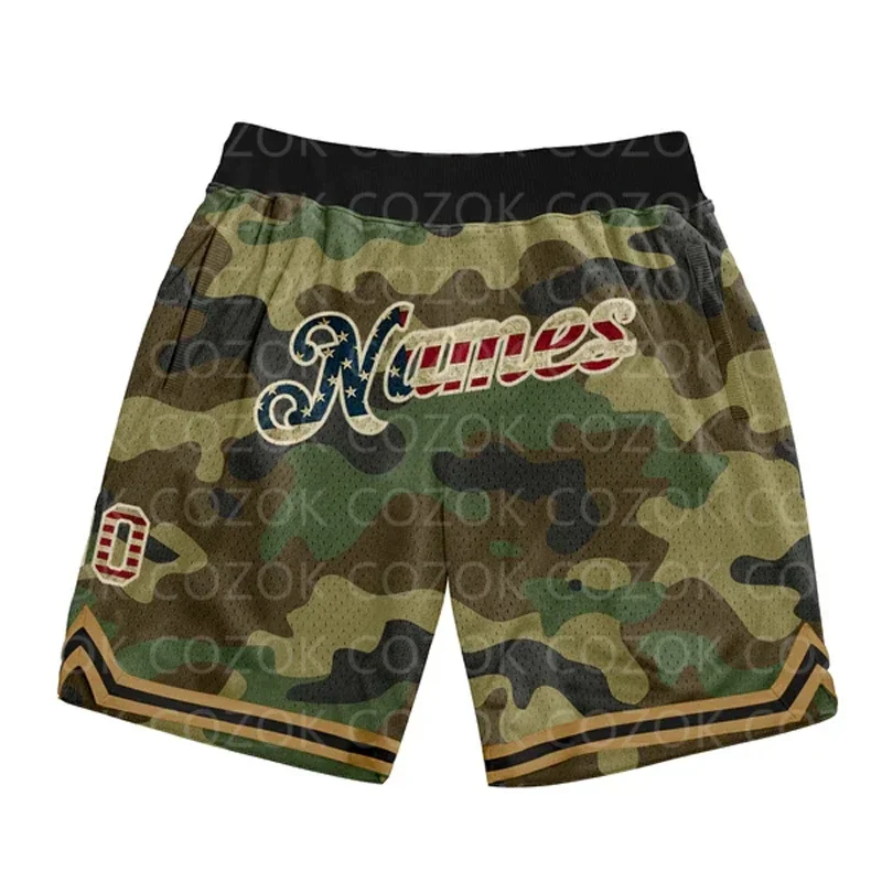 Shorts de basquete autênticos camuflados verdes personalizados, shorts masculinos com estampa 3D, seu nome, múmia, secagem rápida, praia