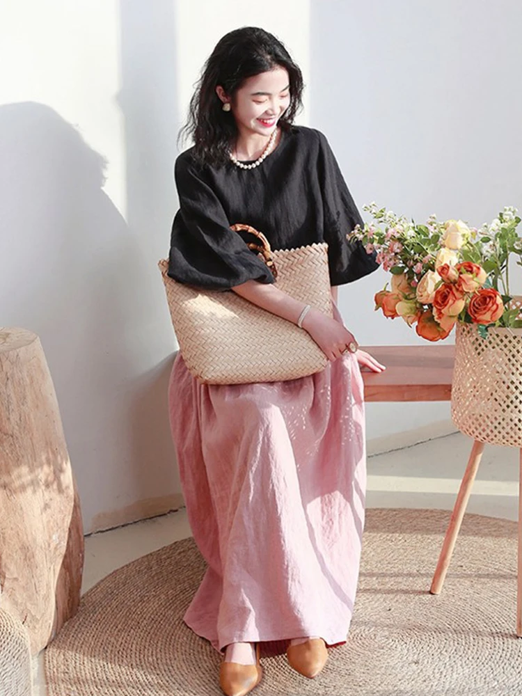 

Artistic Waed Linen Long Skirt Women's High Waist A-Line Midi Skirt Pink Spring Summer Commute Sle Pleated Fabric